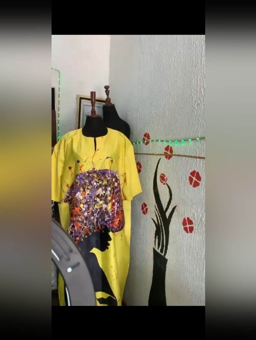 Hand Painted Artistic Yellow Kaftan  Dress with Abstract Floral Front